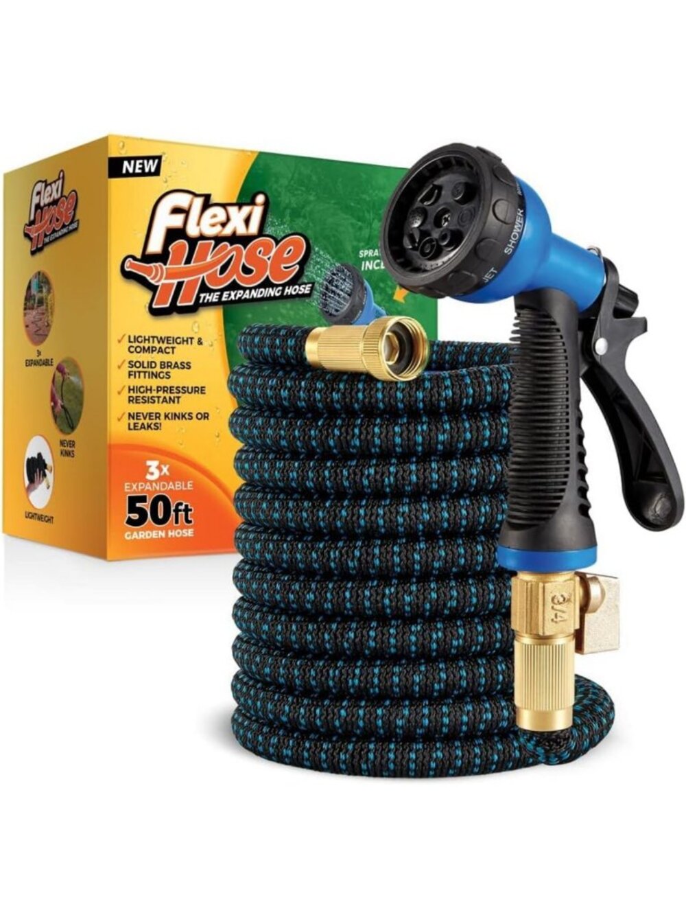 Expandable 50FT Garden Hose with 8-Function Nozzle, Lightweight & No-Kink Design